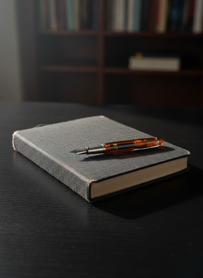 A solitary, well-worn hardcover notebook with a deep charcoal cloth cover, edges frayed and corners softened, lies slightly askew on a matte black wooden desk. A single fountain pen with a translucent amber barrel rests atop it, nib pointing toward the lower frame. Soft, diffused morning light enters from the left, tracing a subtle sheen along the notebook’s texture and casting a gentle, elongated shadow. The background falls into a faint blur of dark shelves and indistinct books, creating a sense of depth. Photographic realism, eye-level composition with a shallow depth of field, evokes a contemplative, sophisticated mood, like a quiet pause before words appear that refine and expand reality.