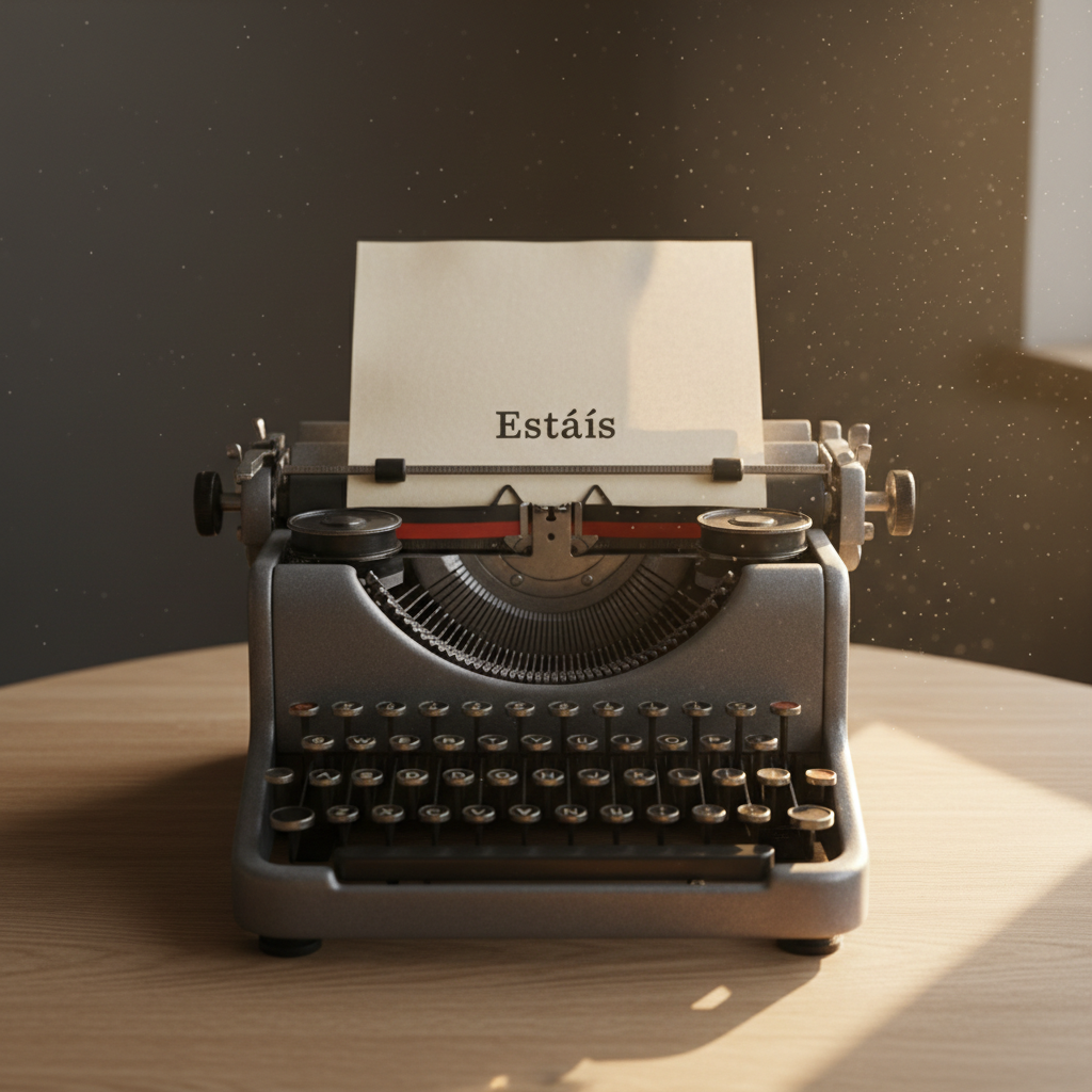 An antique typewriter in brushed gunmetal, keys delicately polished from years of use, sits centered on a smooth, pale oak table. A single sheet of creamy, slightly textured paper is rolled into the carriage, bearing only the neatly typed word “Estáis” at the top. Golden hour light pours through an unseen window, illuminating dust motes and creating a warm, reflective glow on the metal surfaces, while the background fades into a softly blurred, shadowy wall. Shot from a slightly elevated angle with balanced framing, the scene feels still yet expectant, a photographic, sophisticated homage to the moment where reflection becomes written reality.