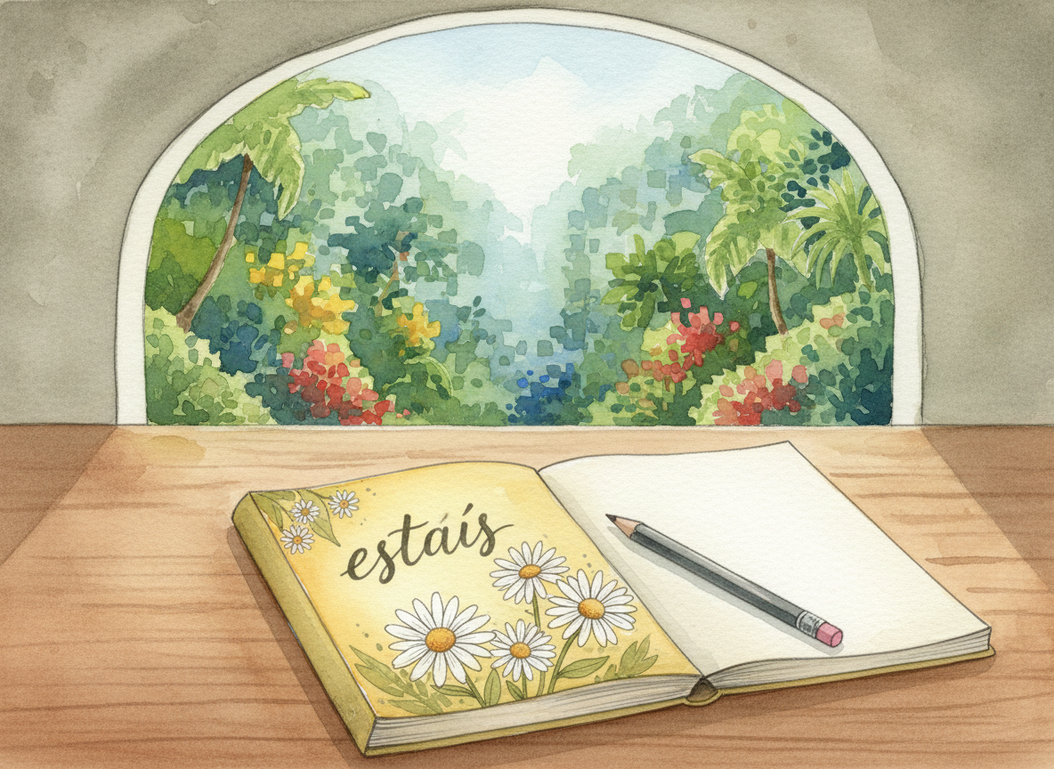 Ilustración en acuarela, vista desde arriba de un escritorio de madera. En primer plano, bien definida, una libreta amarilla dibujada con margaritas blancas en la portada y la palabra «estáis» escrita en la cubierta, con un lápiz apoyado sobre la libreta. Al fondo, a través de una ventana detrás del escritorio, se ve una selva tropical amazónica muy colorida pero desenfocada, casi pixelada, para que contraste la nitidez del interior (la libreta y el acto de escribir) con el exterior borroso. Paleta en tonos naturales y verde oliva, trazo suave, aspecto de acuarela.