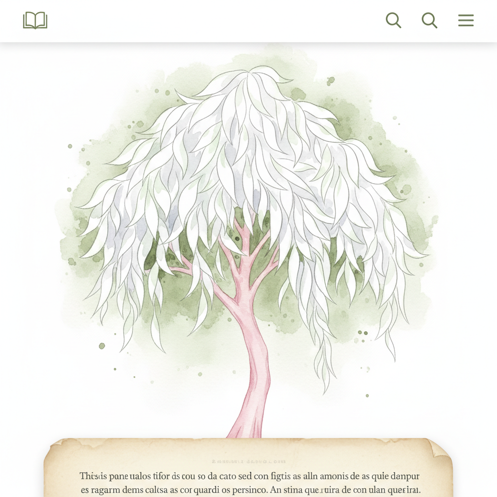 Ilustración en acuarela, formato cuadrado, de un árbol con tronco rosado y hojas blancas, largas y curvadas, que parecen pétalos pero son claramente hojas de un árbol. Fondo suave en tonos blanco roto y verde oliva muy desaturado, líneas delicadas, sensación poética y ligera, integrada con una página web de lectura.