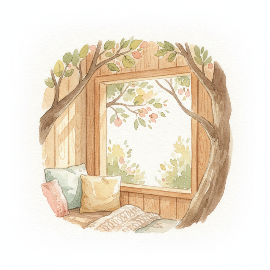 Ilustración en acuarela, formato cuadrado, de una casa en un árbol vista en primer plano, como si estuviéramos sentados leyendo dentro de la casa. Se ve principalmente la estructura de madera de la casa del árbol, acogedora, con una ventana amplia; a través de la ventana y alrededor se intuyen ramas y hojas suaves. El punto de vista es cercano e íntimo, más casa que paisaje. Paleta en tonos naturales con toques de verde oliva y algunos colores suaves en las hojas, trazo delicado, bordes difuminados para integrarse con una página web de lectura.