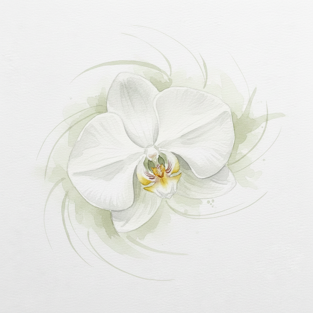 Ilustración en acuarela, formato cuadrado, de una flor de orquídea blanca que parece estar volando, como si jugara con el aire. Los pétalos se abren y se inclinan suavemente, con una ligera sensación de giro y movimiento, como si una corriente de aire la sostuviera. Fondo claro casi blanco roto, con toques muy sutiles de verde oliva desaturado, líneas delicadas y bordes difuminados para integrarse con una página de lectura en tonos oliva. Estética poética, suave y contemporánea.